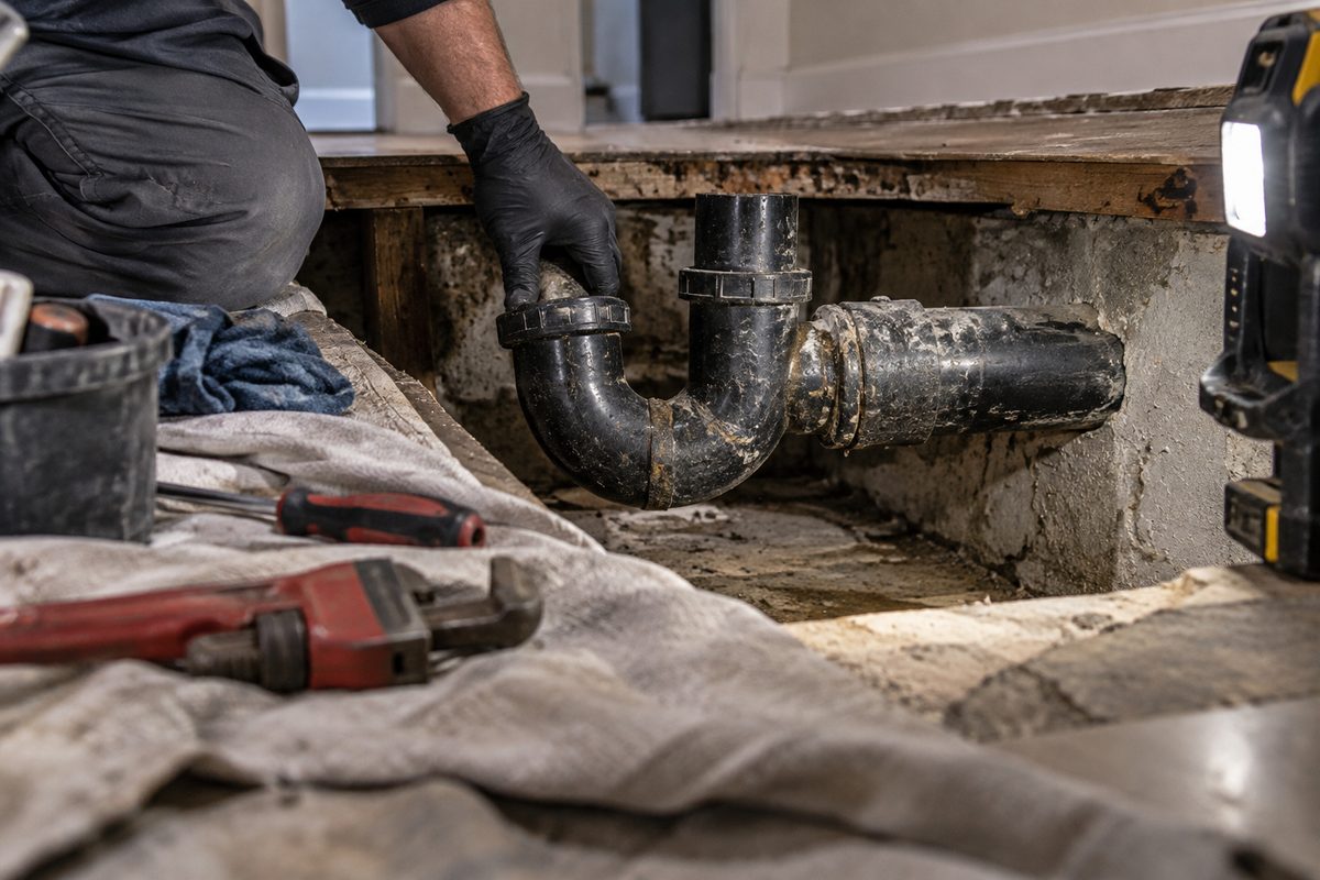 Opened drain line with access for plumbing work