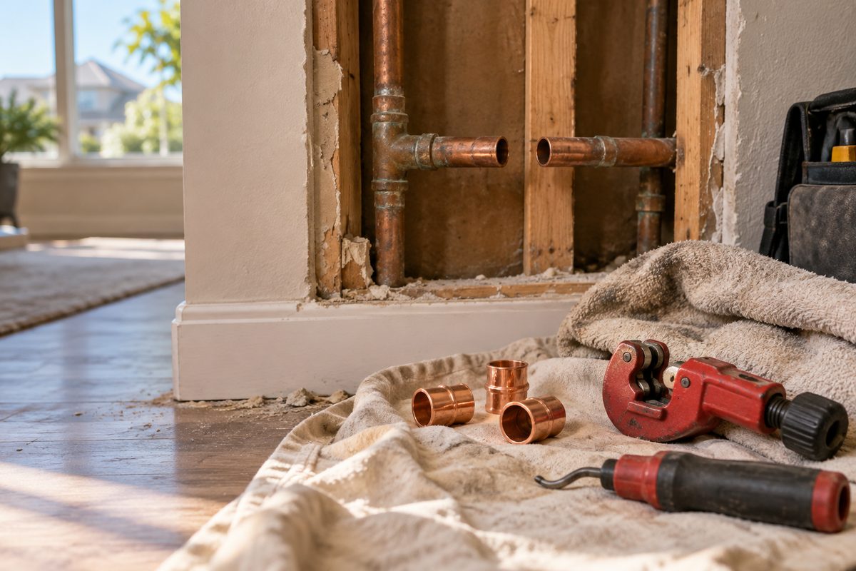 Copper pipe repair tools arranged beside an open utility wall