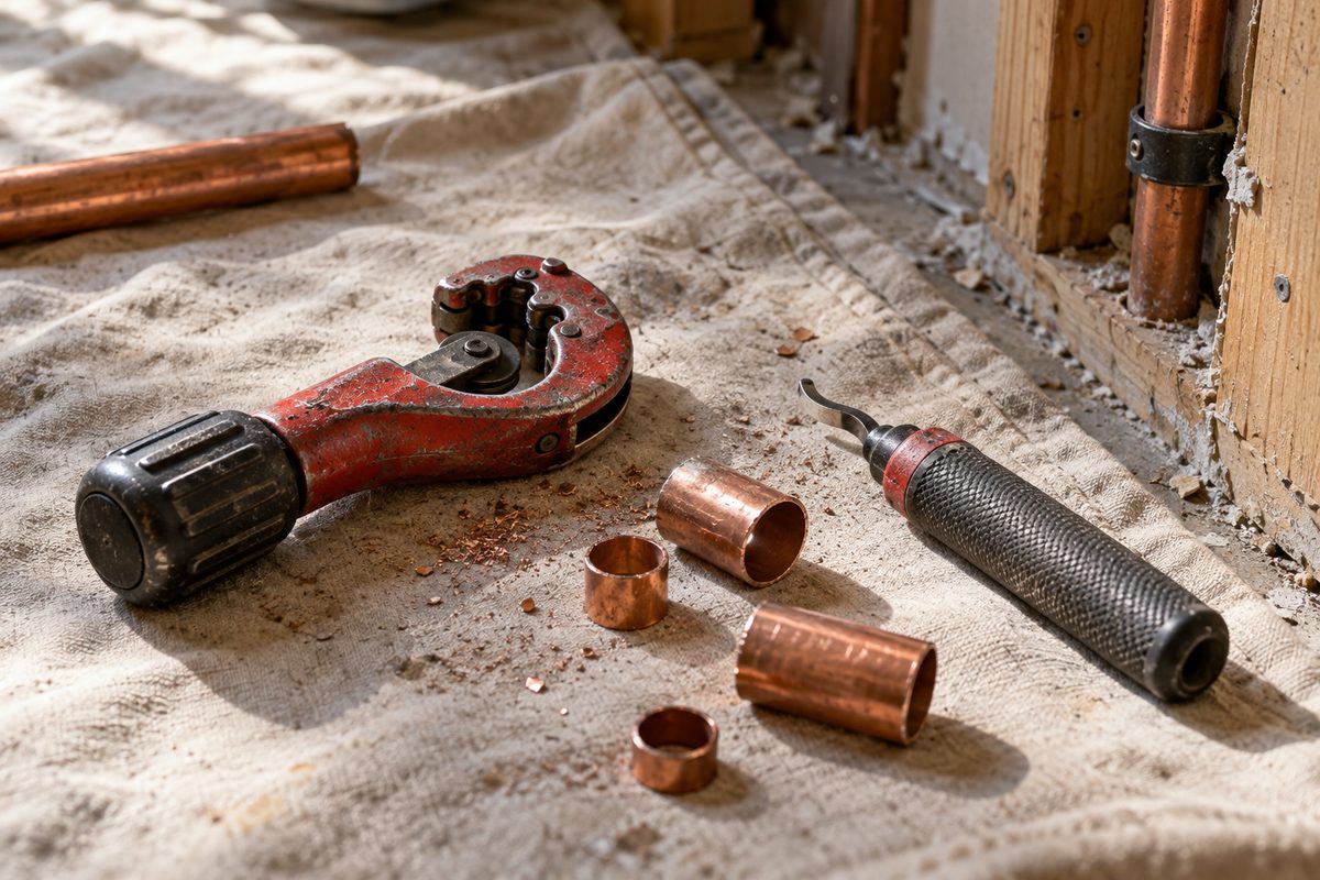 Used pipe-cutting tools and copper offcuts on a canvas drop cloth