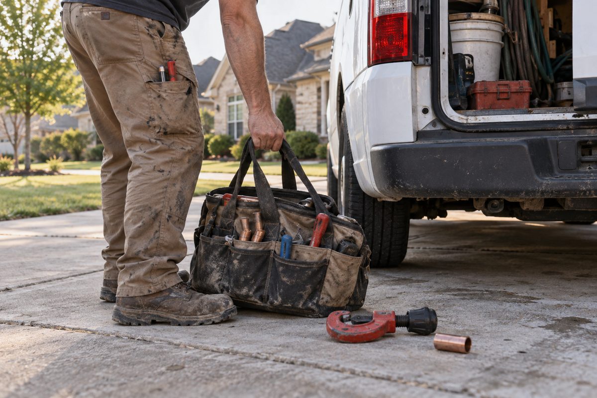 Plumbing tool bag being lifted beside an unbranded work van