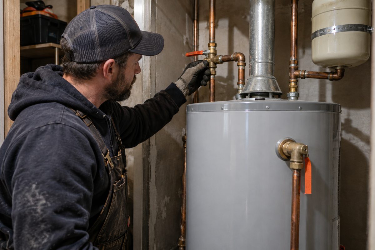 Water heater connection being inspected during plumbing work